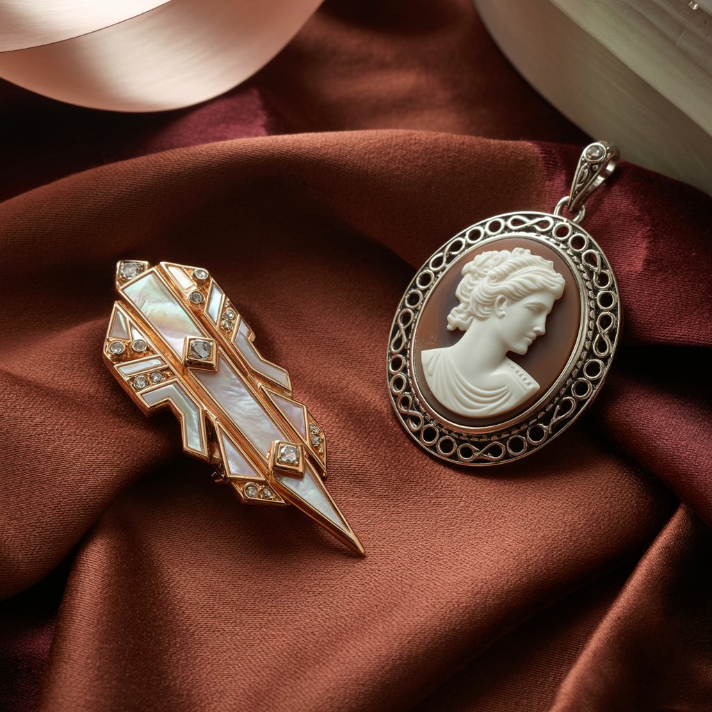 Art deco-inspired brooch and Victorian-style cameo pendant laid on velvet