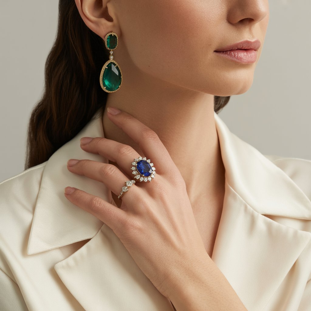 Emerald drop earrings and a sapphire cocktail ring styled against a neutral cream outfit