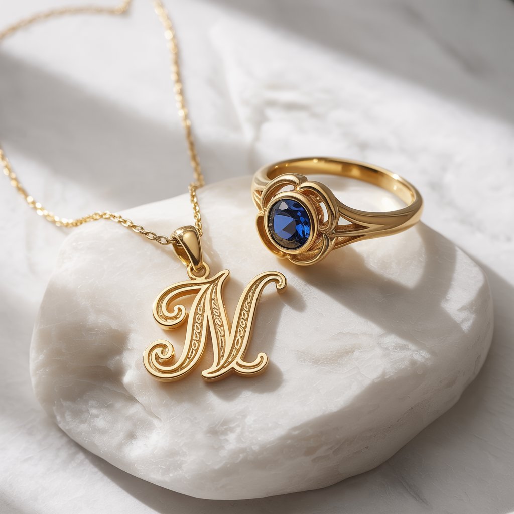 Engraved gold pendant necklace with initials, next to a custom birthstone ring on a marble surface