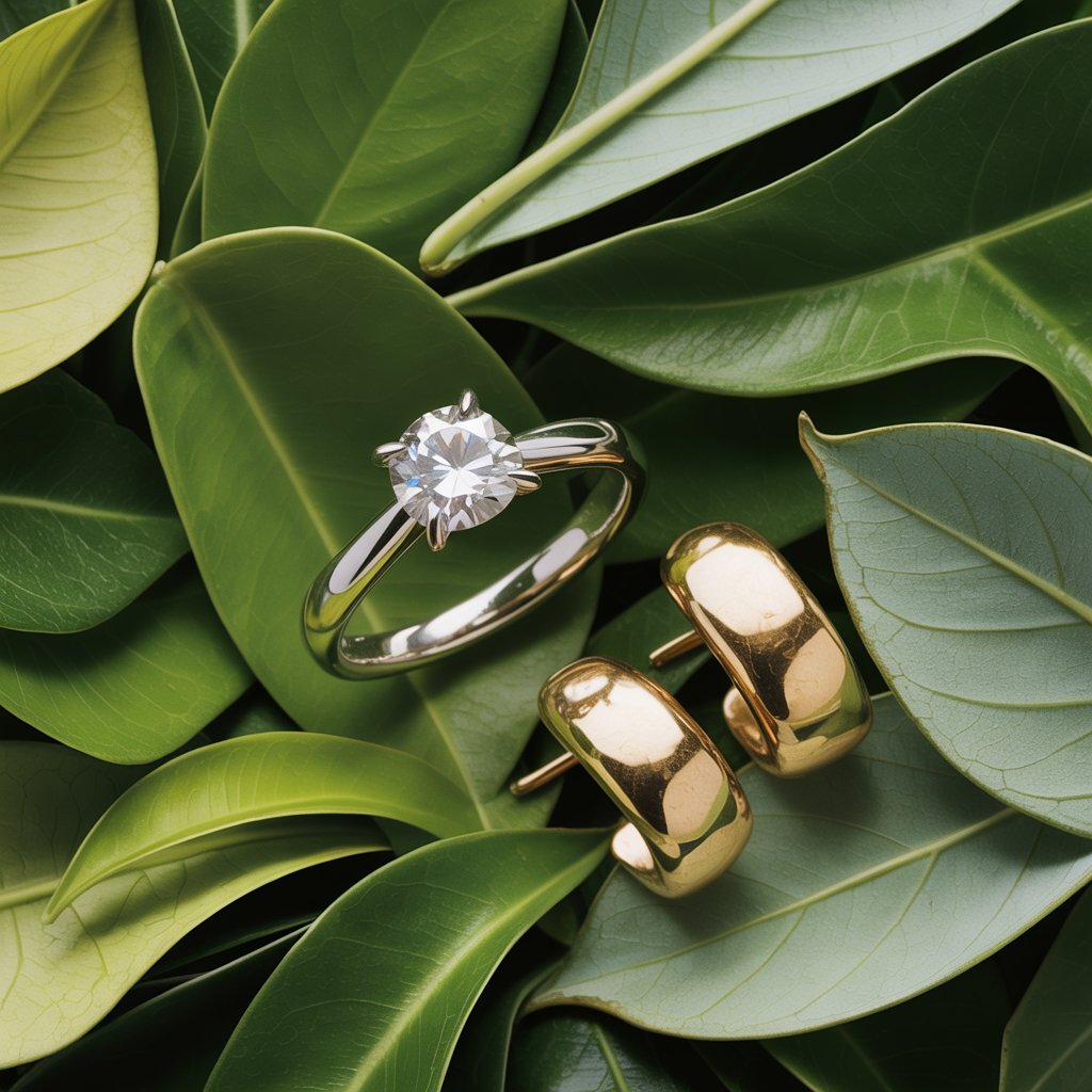 Flat lay of lab-grown diamond ring and recycled gold earrings on a green leaf background