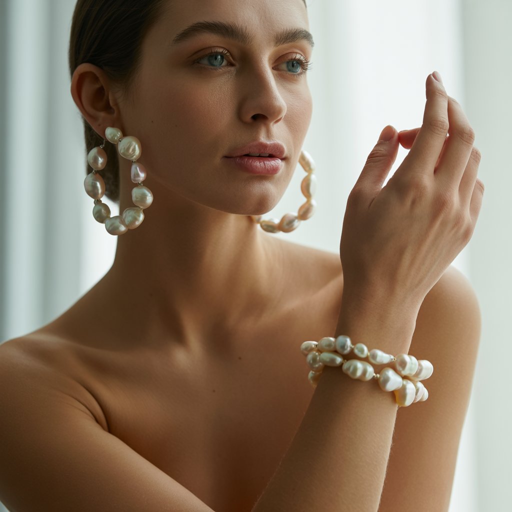 Model wearing oversized baroque pearl hoop earrings and a knotted pearl bracelet