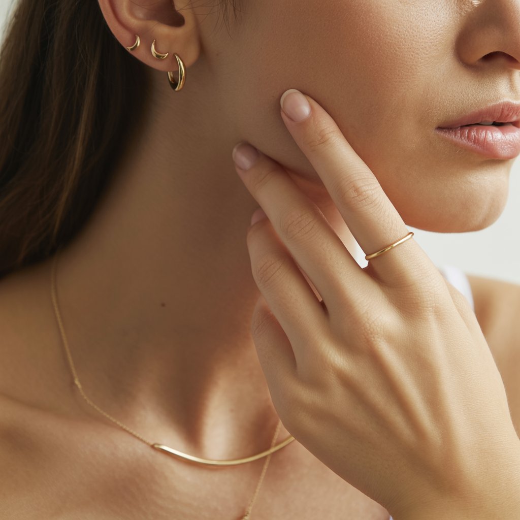 Tiny crescent moon stud earrings, a thin gold bar necklace, and a barely-there ring on a woman's hand